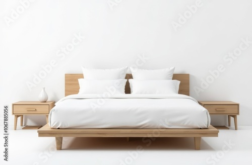 Modern wooden bed with white bedding in a minimalist bedroom setting featuring nightstands and a serene ambiance
