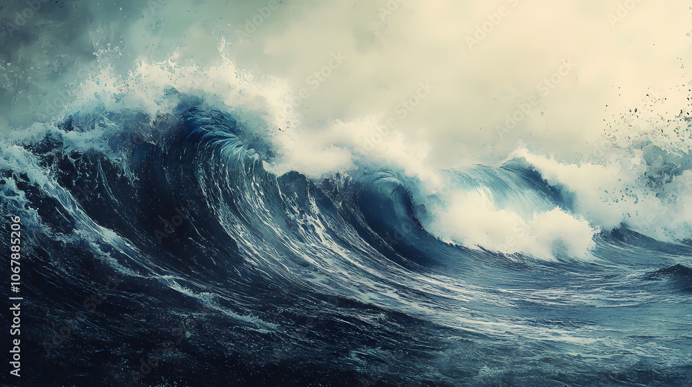 Fototapeta premium Great blue ocean wave as japanese vintage style illustration. Vintage. Illustration