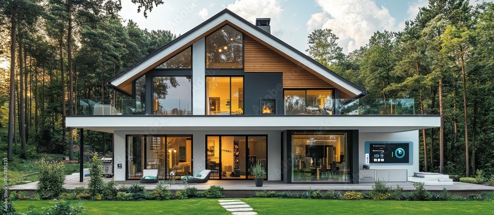 Modern home with large windows, a balcony, and a lush green lawn. Modern home with large windows, a balcony, and a lush green lawn.