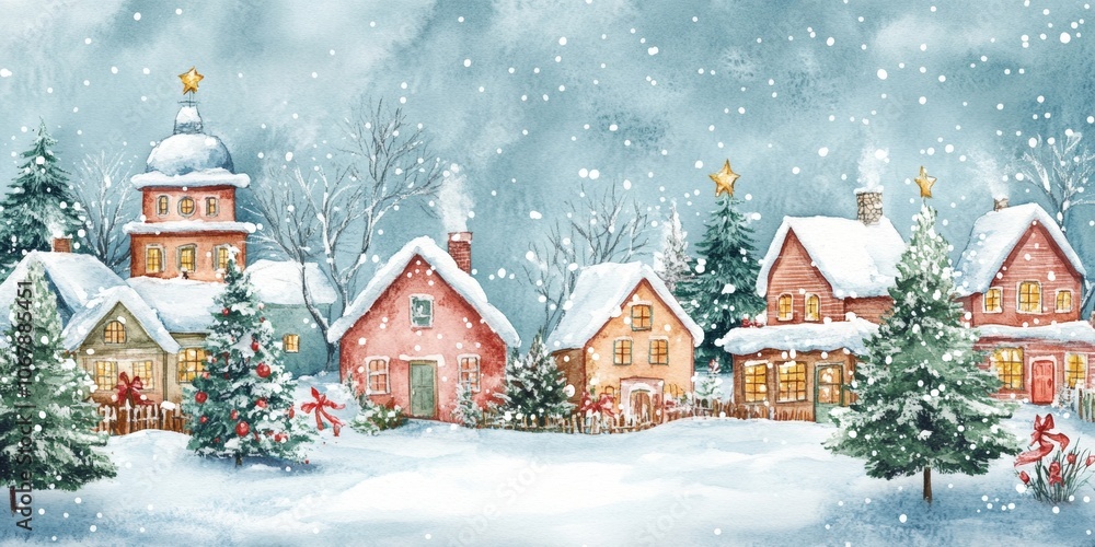 A charming watercolor painting of a snowy Christmas village filled with cozy homes, festive trees, and falling snowflakes at dusk A charming watercolor painting of a snowy Christmas village filled with cozy homes, festive trees, and falling snowflakes at dusk