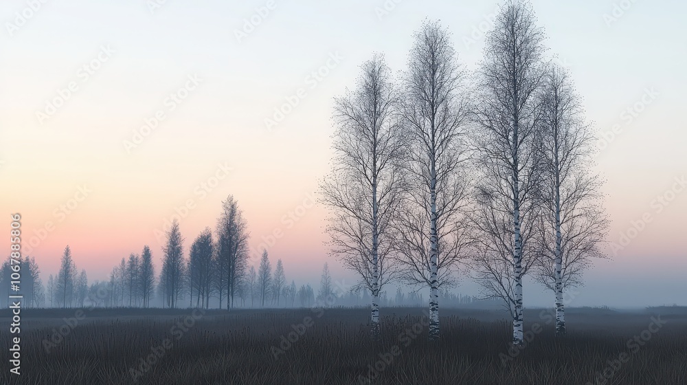 Misty Moorland Landscape with Silhouetted Birch Trees at Sunrise Misty Moorland Landscape with Silhouetted Birch Trees at Sunrise