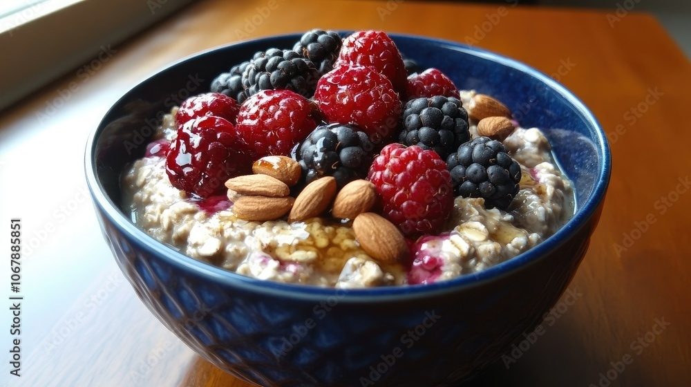 A vibrant and healthy breakfast of overnight oats, garnished with berries, nuts, and a drizzle of maple syrup for a sweet and wholesome touch A vibrant and healthy breakfast of overnight oats, garnished with berries, nuts, and a drizzle of maple syrup for a sweet and wholesome touch