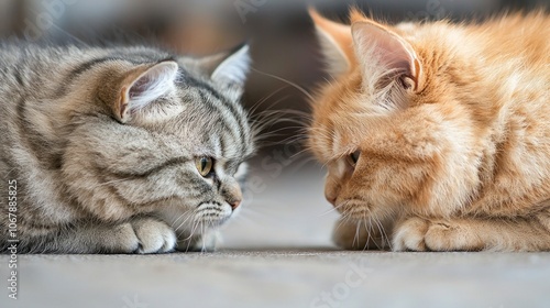 Two cats, one gray and one orange, face each other playfully on the floor.