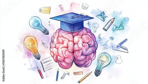 Creative Brain with Graduation Cap in Watercolor Style