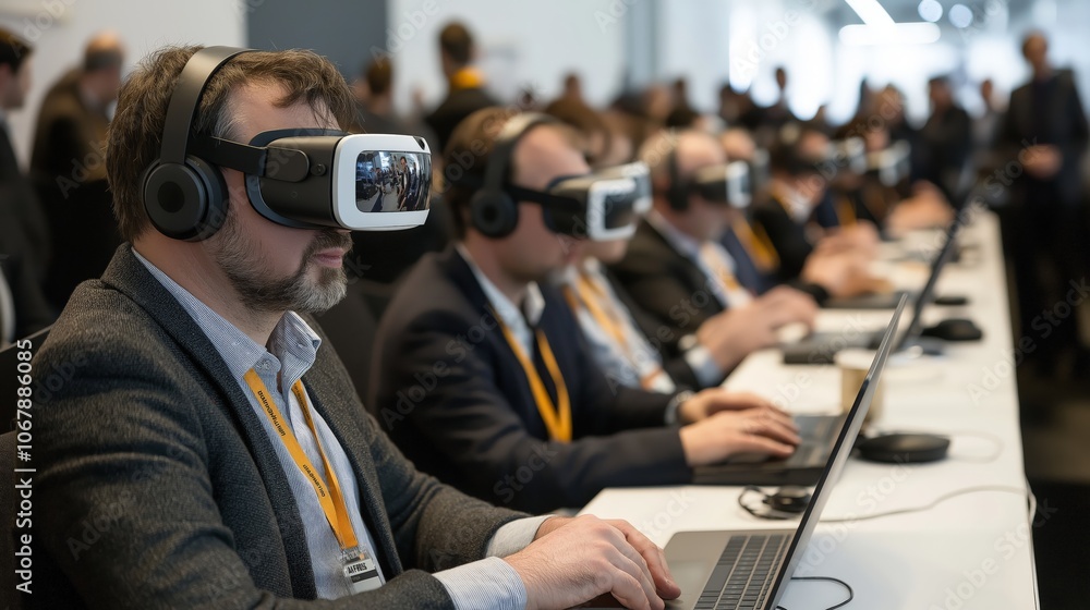 Virtual business team in headsets collaborating in digital workspace environment Virtual business team in headsets collaborating in digital workspace environment