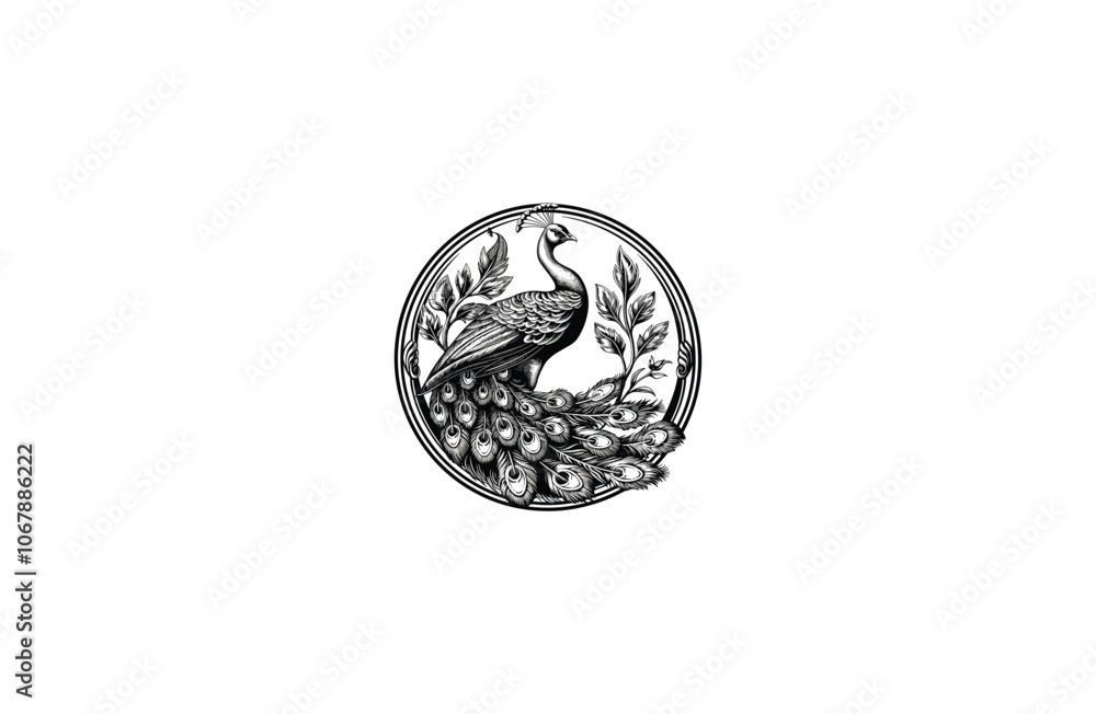 Peacock bird engraving style logo design vector Peacock bird engraving style logo design vector