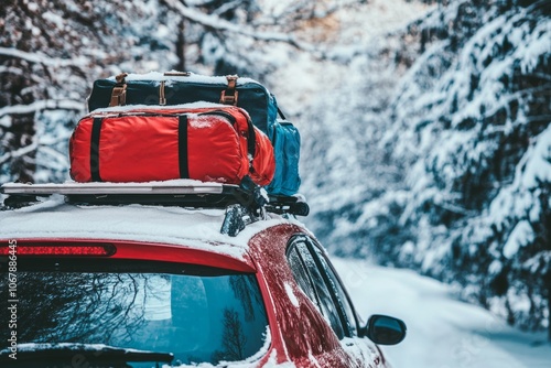 Car ready for winter vacation, featuring luggage securely fastened on the roof rack along a snowy forest road photo