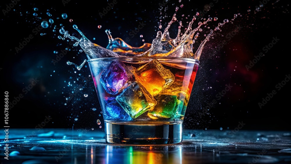 A vibrant cocktail glass with rainbow-colored ice cubes, exploding with a burst of liquid, creating a spectacular visual feast. A vibrant cocktail glass with rainbow-colored ice cubes, exploding with a burst of liquid, creating a spectacular visual feast.