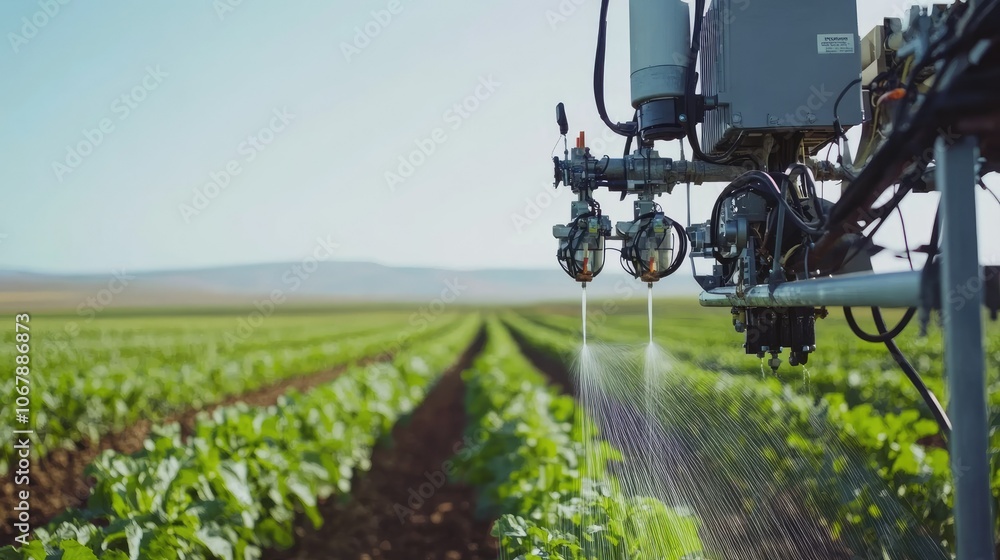 Close-up of an agricultural irrigation system watering rows of crops, demonstrating technology-driven efficiency for sustainable farming Close-up of an agricultural irrigation system watering rows of crops, demonstrating technology-driven efficiency for sustainable farming