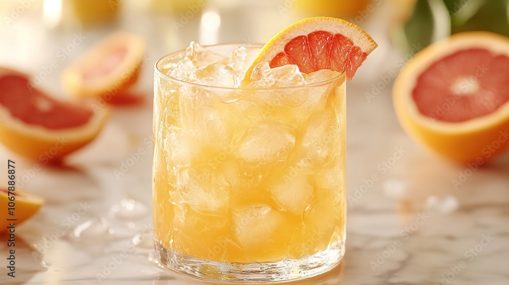 Refreshing grapefruit cocktail with ice in a glass, garnished with a grapefruit slice. Refreshing grapefruit cocktail with ice in a glass, garnished with a grapefruit slice.