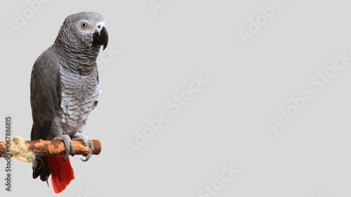 Colorful parrot isolated on white transparent background. Grey bird cutout on empty screen