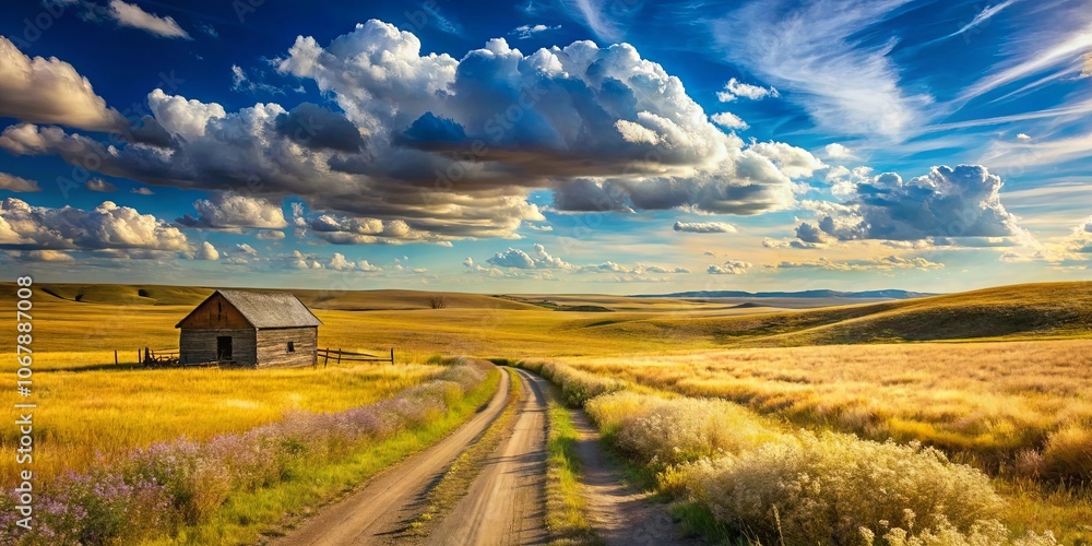 A Rustic Cabin Nestled Amidst Rolling Hills and a Dusty Road Under a Vast Sky with White and Gray Clouds A Rustic Cabin Nestled Amidst Rolling Hills and a Dusty Road Under a Vast Sky with White and Gray Clouds