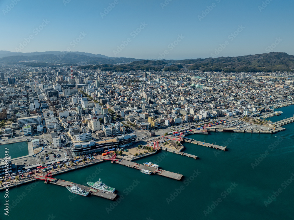 An aerial image showing Imabari Port, Ehime, Japan An aerial image showing Imabari Port, Ehime, Japan