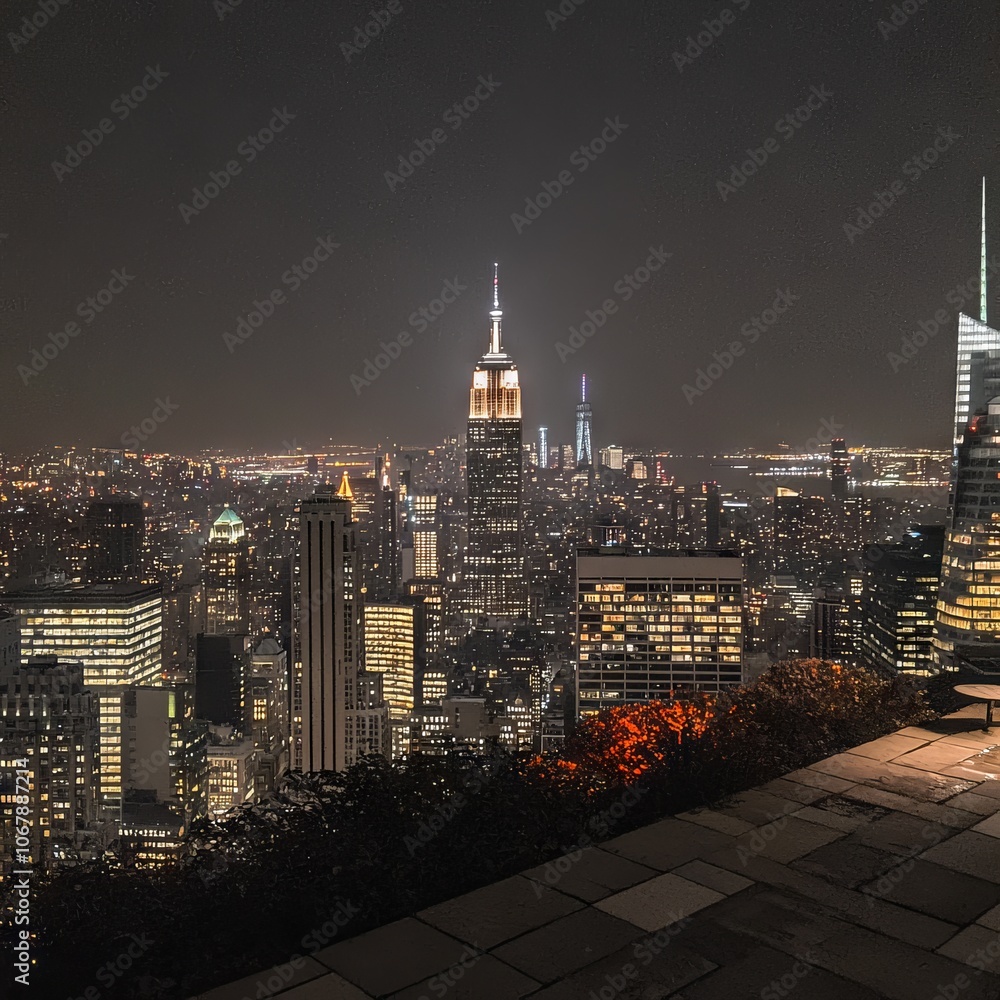 Fototapeta premium Night view of a city skyline featuring iconic buildings and lights.