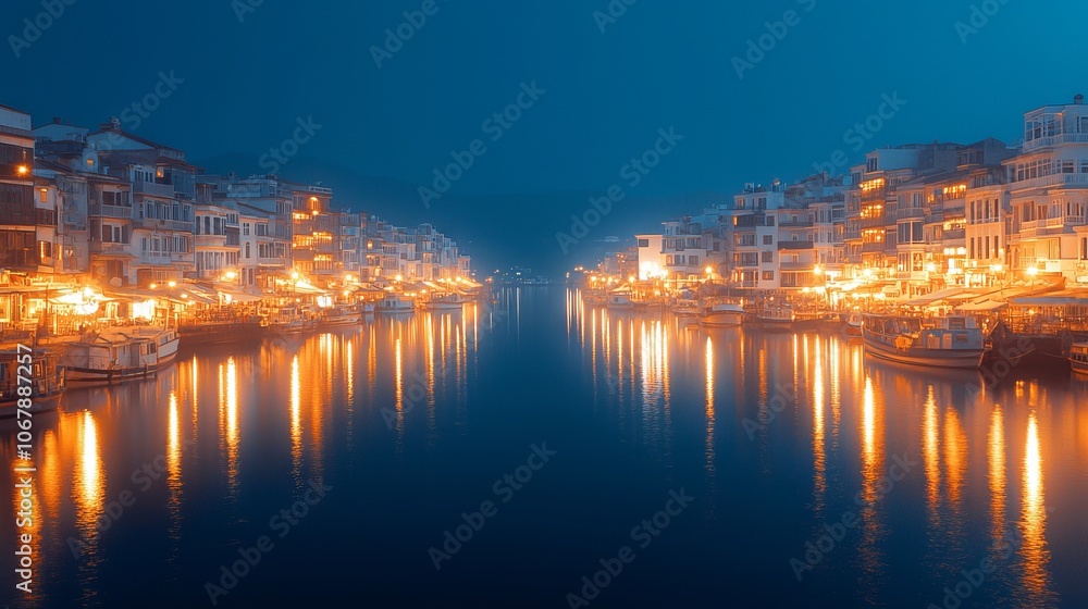 Serene waterfront scene illuminated by evening lights and reflections. Serene waterfront scene illuminated by evening lights and reflections.