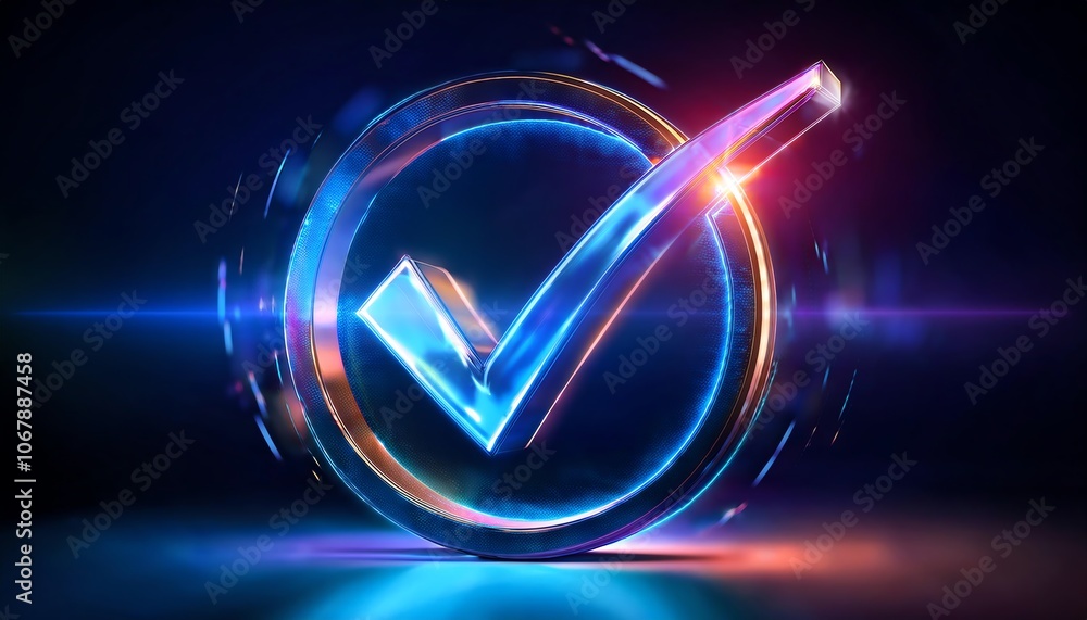 A glowing, digital checkmark inside a circular design, symbolizing approval and verification, with vibrant colors and a futuristic look. A glowing, digital checkmark inside a circular design, symbolizing approval and verification, with vibrant colors and a futuristic look.