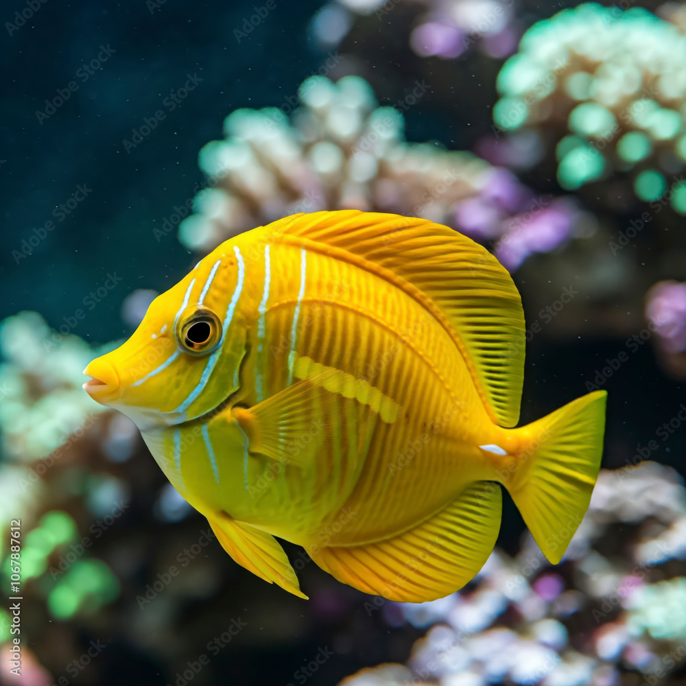 Yellow tang tropical fish Zebrasoma flavescens closeup Yellow tang tropical fish Zebrasoma flavescens closeup