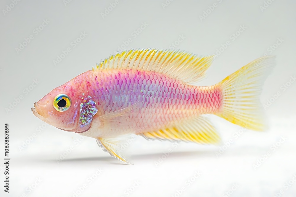 Pink and Yellow Cichlid Fish: A vibrant and beautiful pink and yellow cichlid fish swims gracefully in a profile view, showcasing its colorful scales and intricate markings. Pink and Yellow Cichlid Fish: A vibrant and beautiful pink and yellow cichlid fish swims gracefully in a profile view, showcasing its colorful scales and intricate markings.