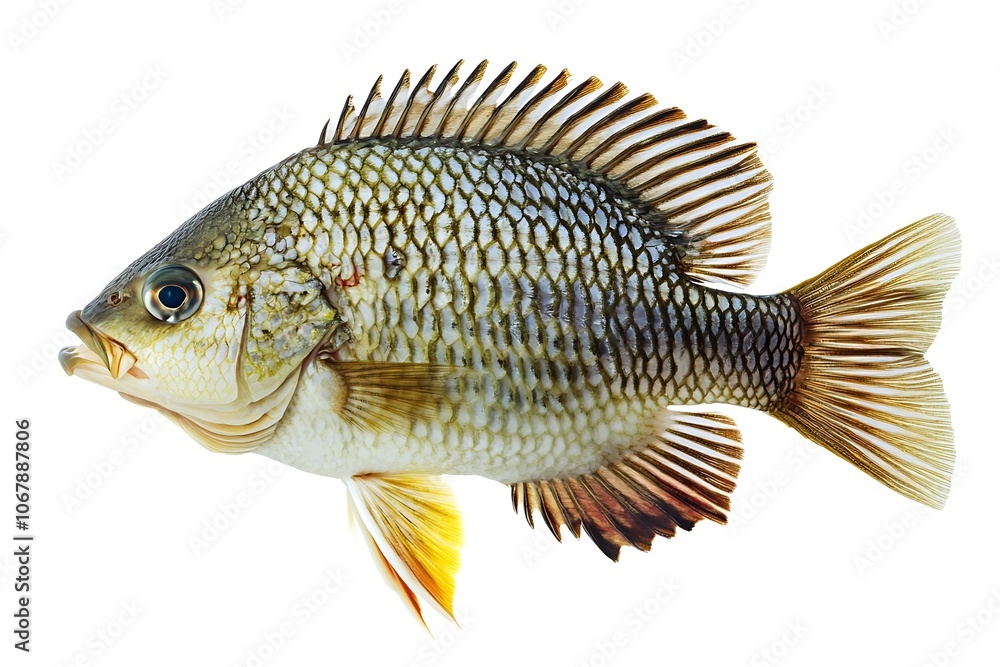 Green Sunfish: A close-up profile view of a Green Sunfish, showcasing its distinctive olive-green scales, yellow fins, and prominent eyes. Green Sunfish: A close-up profile view of a Green Sunfish, showcasing its distinctive olive-green scales, yellow fins, and prominent eyes.