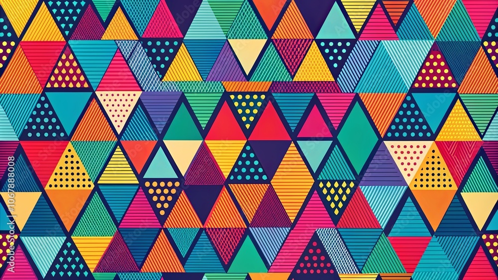 Vibrant Geometric Pattern of Interlocking Triangles with Colorful Stripes, Dots, and Textures Vibrant Geometric Pattern of Interlocking Triangles with Colorful Stripes, Dots, and Textures