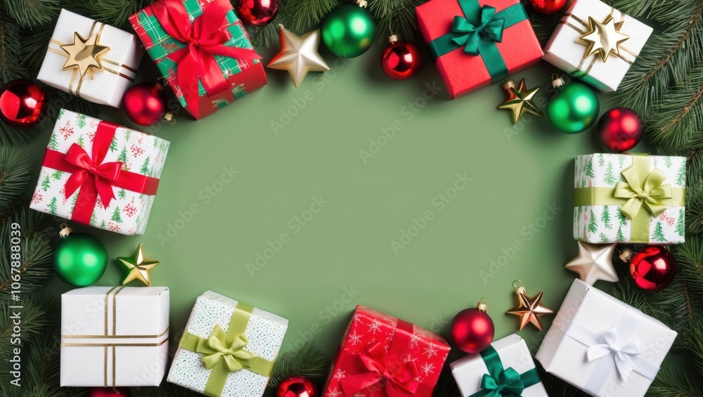 Elegant Gift Boxes with Ribbons and Ornaments Top View Elegant Gift Boxes with Ribbons and Ornaments Top View