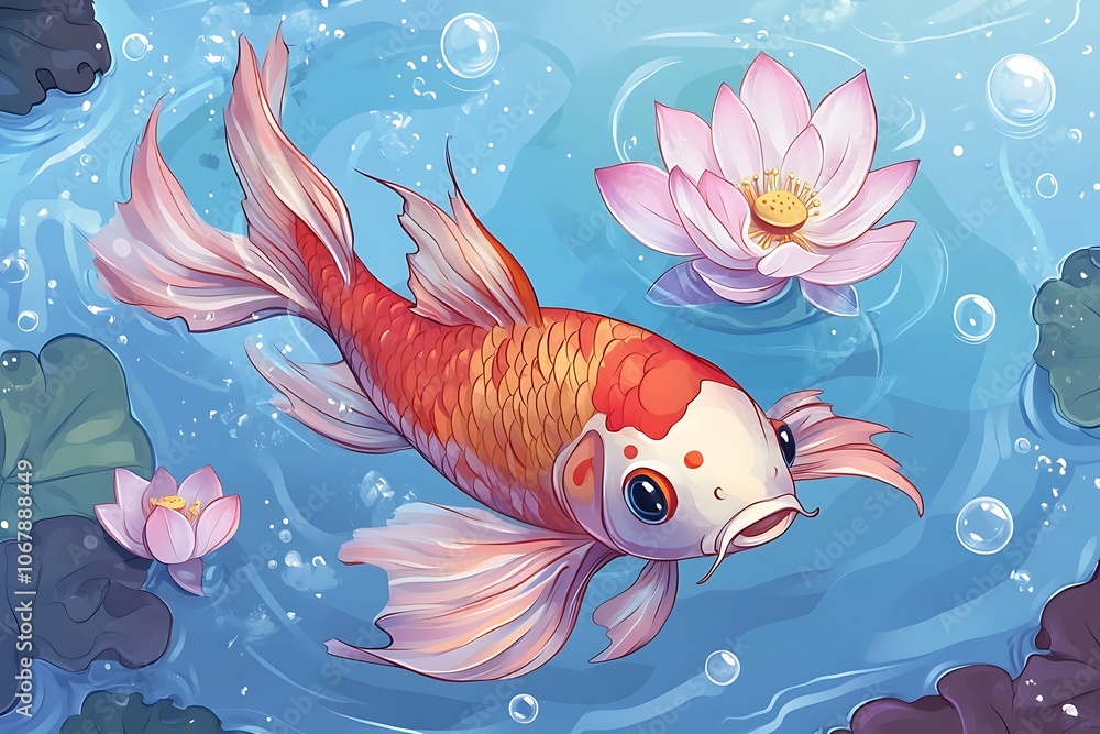 Naklejka premium Koi Pond Serenity: A vibrant koi fish, adorned with orange and white scales, gracefully swims amongst delicate pink water lilies in a serene pond. The tranquil scene is enhanced by the soft.