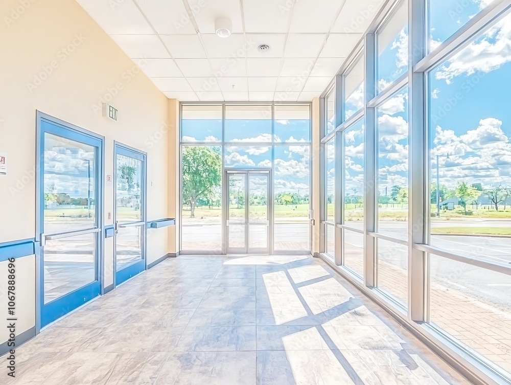 Fototapeta premium Bright, spacious entryway with large windows and natural light.
