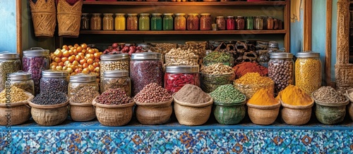 Fototapeta Naklejka Na Ścianę i Meble -  Colorful spices displayed in bowls and jars on a counter in a market.