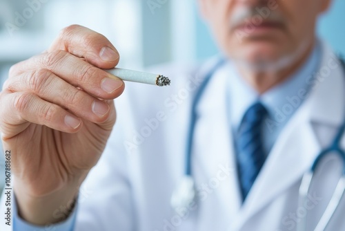 A doctor holding a cigarette, symbolizing the conflict between health advice and smoking, in a clinical setting.