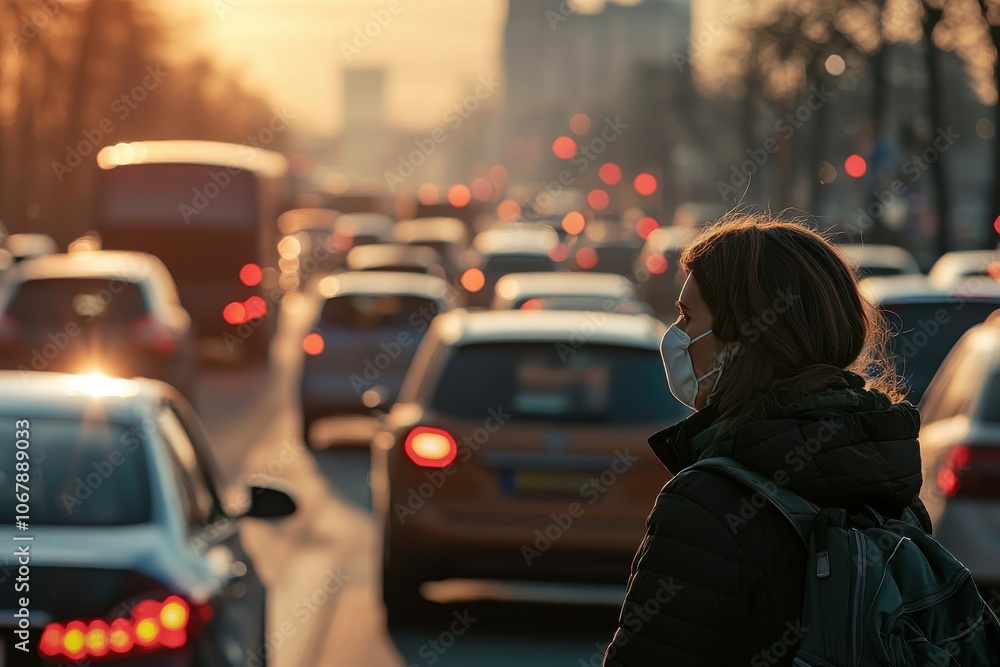 A woman wearing a mask stands in traffic during sunset, highlighting urban life and health awareness in a bustling environment. A woman wearing a mask stands in traffic during sunset, highlighting urban life and health awareness in a bustling environment.
