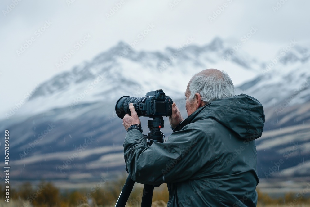Obraz premium An elderly man captures stunning landscapes with his camera against a backdrop of majestic snow-capped mountains.