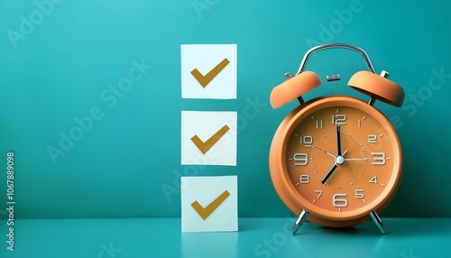 A vibrant orange alarm clock beside checklist notes with checkmarks on a teal background, symbolizing time management and productivity. photo