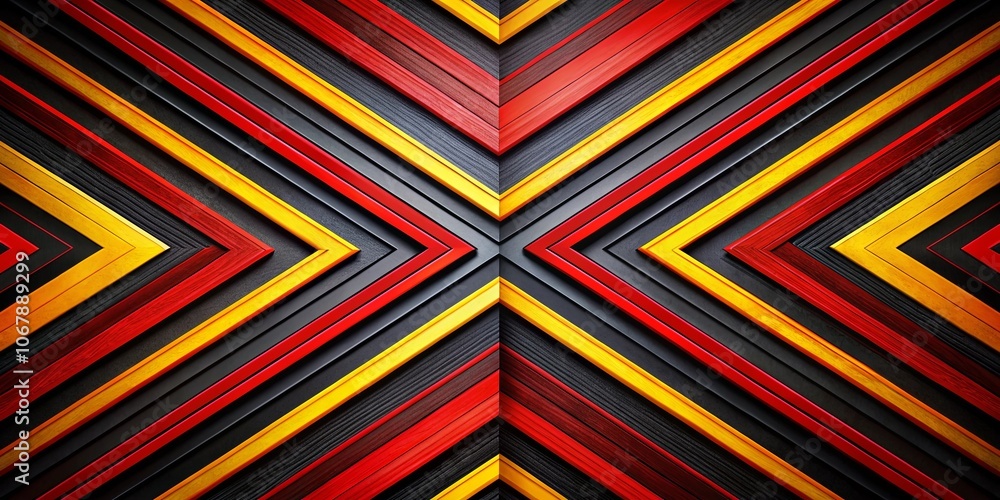 Interlocking Stripes of Yellow, Red, and Black Form a Geometric Pattern of Chevron Shapes Interlocking Stripes of Yellow, Red, and Black Form a Geometric Pattern of Chevron Shapes