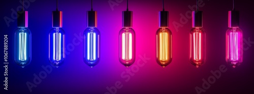 Row of colorful neon light bulbs hanging against a dark background. modern lighting creative interior design. vibrant decor display. contemporary style electric light. light art.