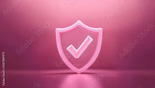 A shiny pink shield with a checkmark symbolizes protection and trust in a modern, digital context.