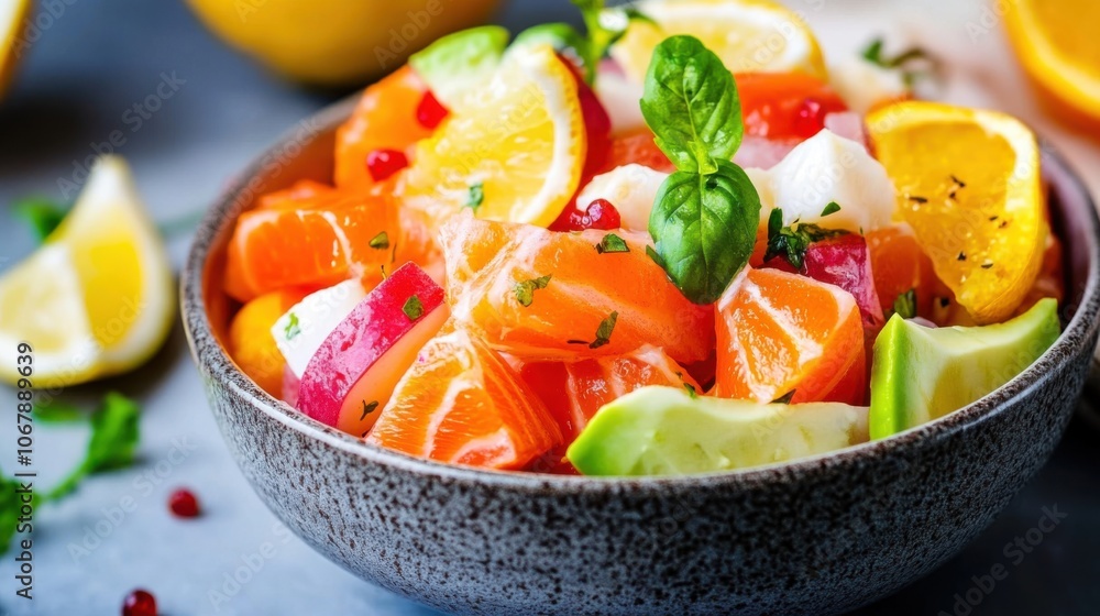 Colorful Bowl of Fresh Ceviche with Citrus Garnish Colorful Bowl of Fresh Ceviche with Citrus Garnish