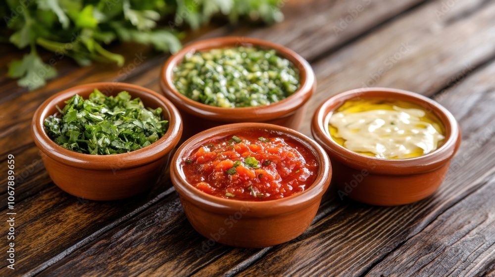 Colorful Variety of Hispanic Salsas in Small Bowls Colorful Variety of Hispanic Salsas in Small Bowls