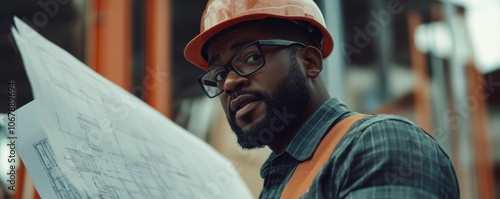 Architect Reviewing Blueprint at Project Site photo