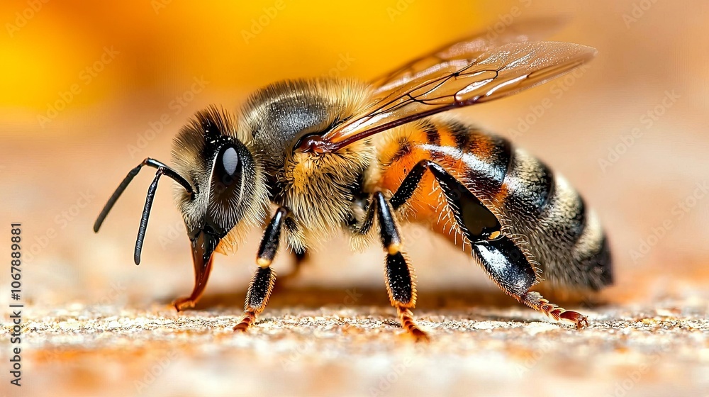 Close-up of a bee showcasing its detailed anatomy and features. Close-up of a bee showcasing its detailed anatomy and features.