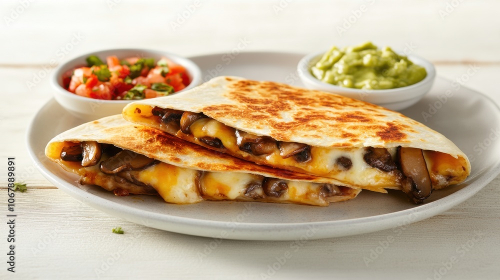 Delicious Cheese and Mushroom Quesadilla on Plate Delicious Cheese and Mushroom Quesadilla on Plate