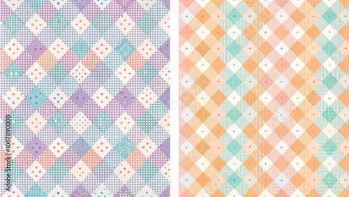 A Repeating Pattern of Geometric Shapes in Soft Pastel Colors and a Gingham Check Design