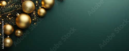 Gold-colored holiday decorations on a dark green background, with space for text. photo