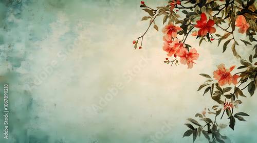 Oriental landscape vintage wallpaper background, wallpaper vintage green, background vintage, background green, background abstract,flowers in the garden vintage background. Vintage. Illustration photo