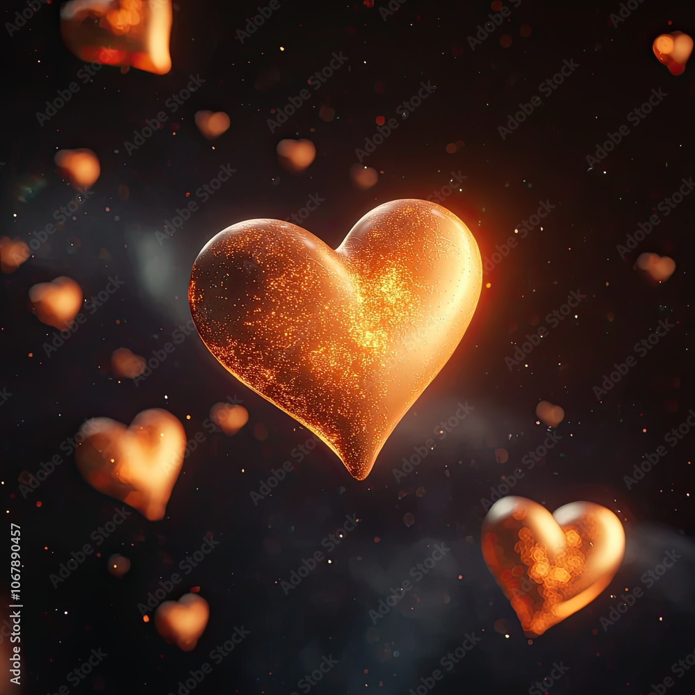 A mesmerizing scene featuring glowing, sparkling hearts floating in a dark background, evoking feelings of love and warmth. A mesmerizing scene featuring glowing, sparkling hearts floating in a dark background, evoking feelings of love and warmth.