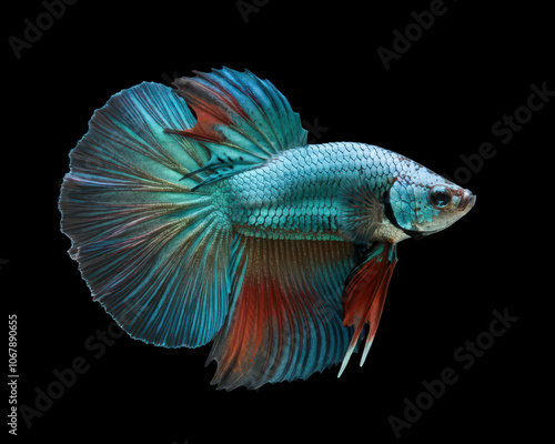 Beautiful Male Betta Smaragdina or Siamese fighting fish, emerald betta isolated on black background