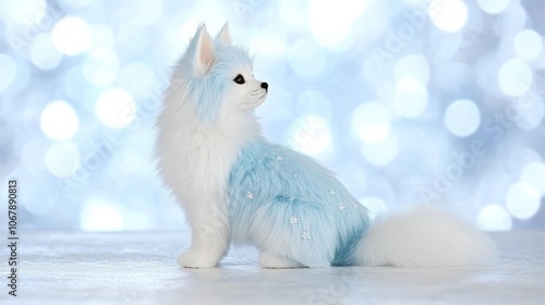 Round, chubby animal with soft, velvety fur and long, blue and white colors .fantastic creature on a blurred background