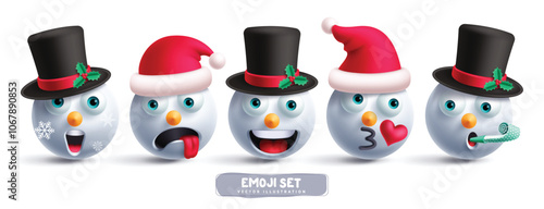 Snowman emoji characters vector set. Christmas snow man emoticons in happy, funny, naughty, smiling and cute facial expression wearing red and black hat graphic elements collection. Vector 