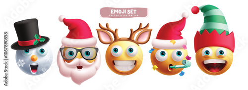 Christmas emoji characters vector set. Santa xmas emoticons with snowman, reindeer and elf characters in happy, funny, cute, excited and fun facial expression collection. Vector illustration 3d icon 