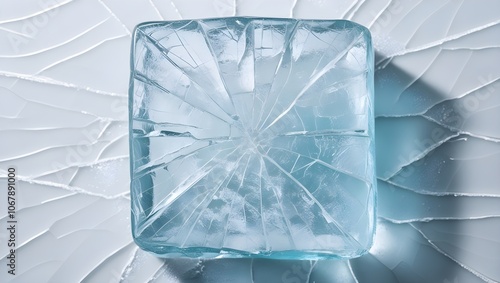 A squareshaped ice block with a heavily cracked photo