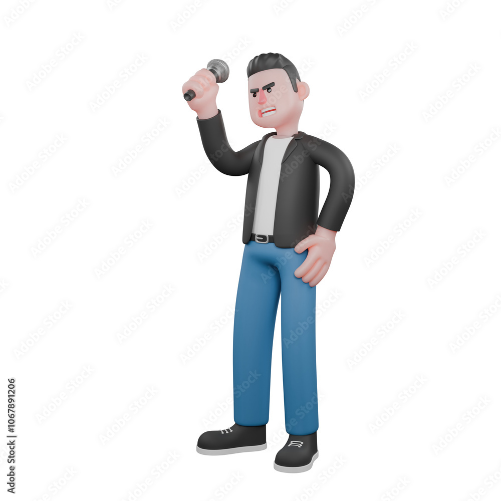 Singing Musician in 3D. A male musician is standing facing to the right side with his right hand raised holding a microphone and his left hand is on his waist. Animated Style Singing Musician in 3D. A male musician is standing facing to the right side with his right hand raised holding a microphone and his left hand is on his waist. Animated Style